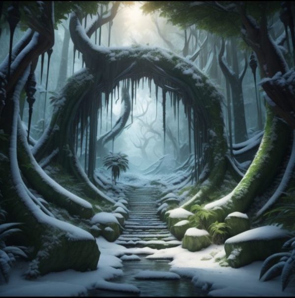 alt="winter wonderland, snowy tunnel, vines and a path"