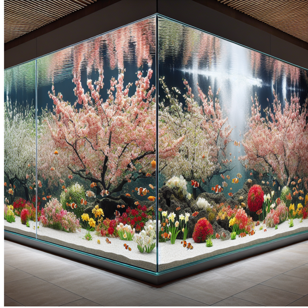 alt ="huge aquarium with fishtanks.store background sticker of cherry blossoms and coral"