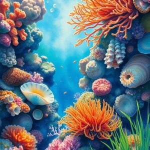 alt="peach coloured coral and shells, under the sea"