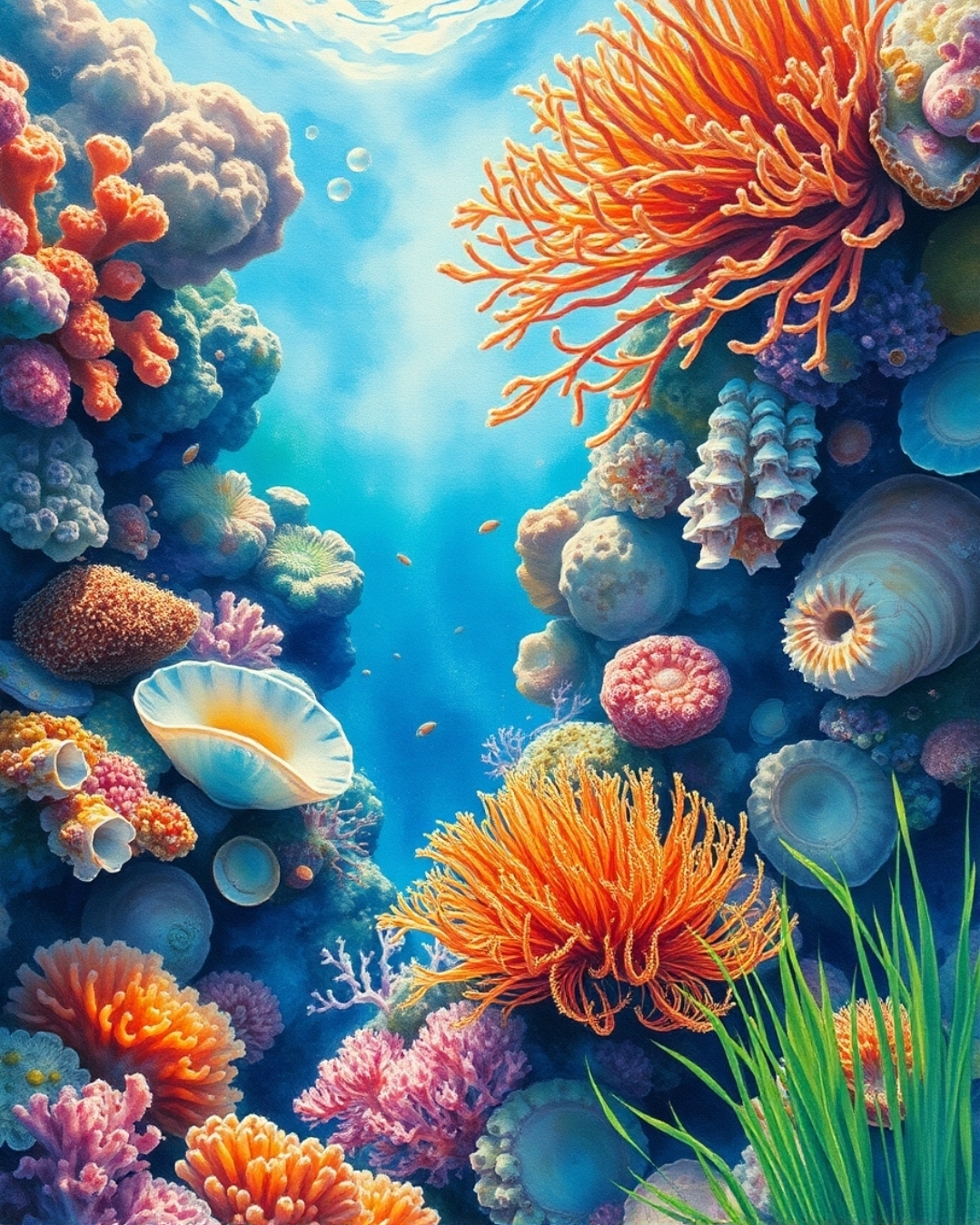 alt="peach coloured coral and shells, under the sea"