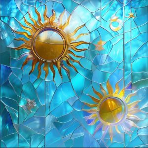 alt="pale blue stained glass window background with the sun"