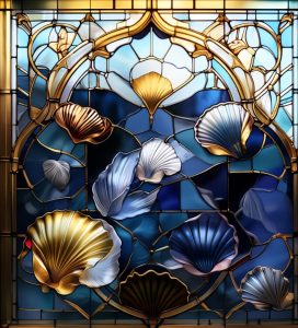 alt="stained glass window of shells blue and gold colours"