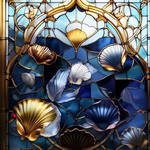 alt="stained glass window of shells blue and gold colours"