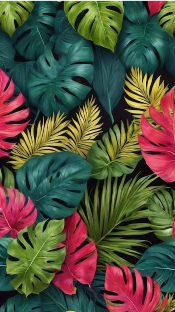 alt="pink and green leaves background sticker for fish tank"