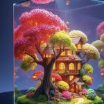 alt="fish tank cycling, features a pretty prink and green leaved tree, beside a house, in a fish tank"