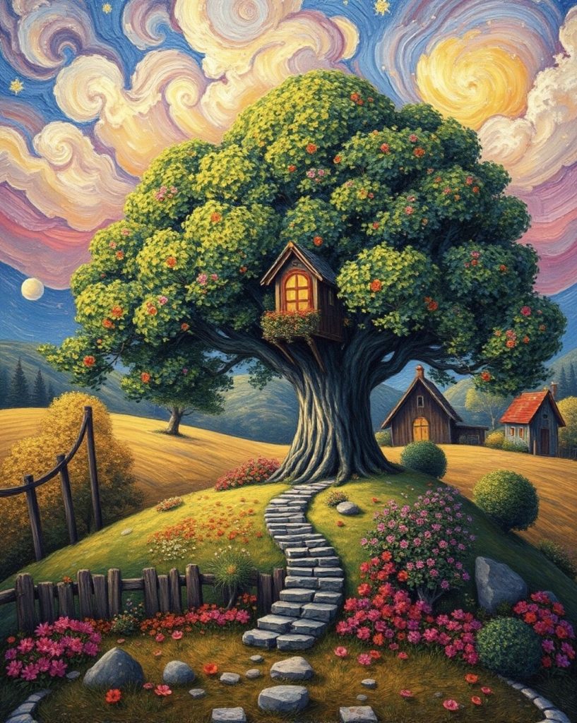 hidden treehouse down on a farm on a sunny day