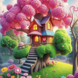 alt="candy coloured pink ball tree house"