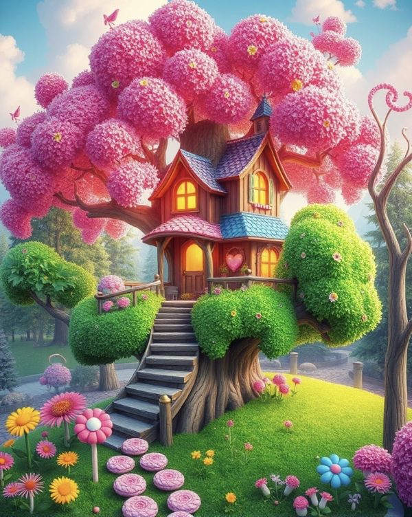 alt="candy coloured pink ball tree house"