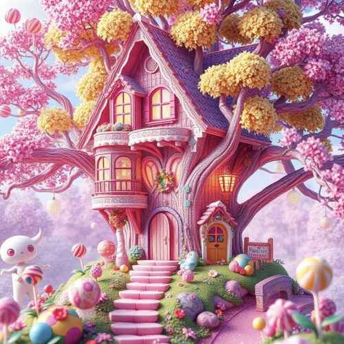 alt="candy coloured treehouse"