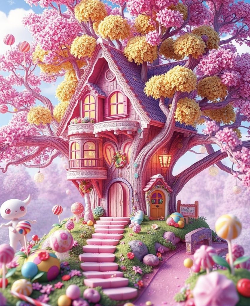 alt="candy coloured treehouse"