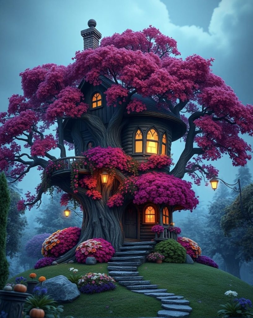 alt="purple tree house"