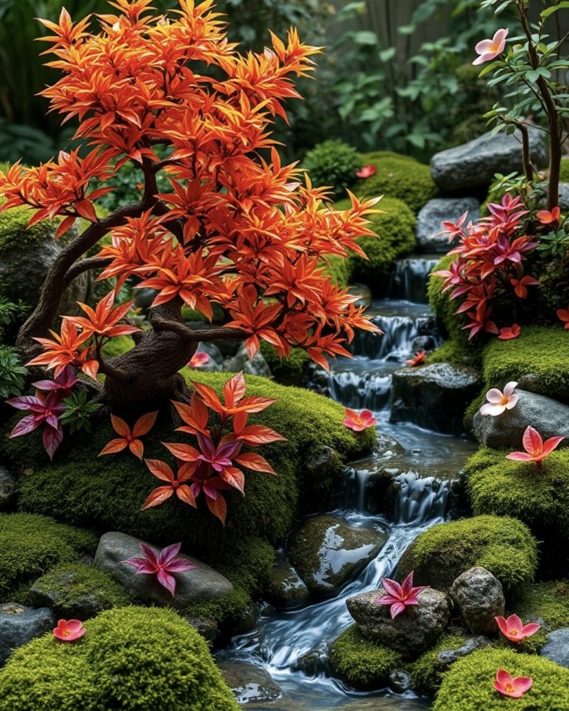 alt="specialty collection, orange bonsai tree with a stream running through it.