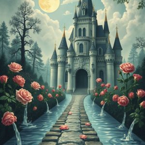 alt="fairy tale castle with pink roses"