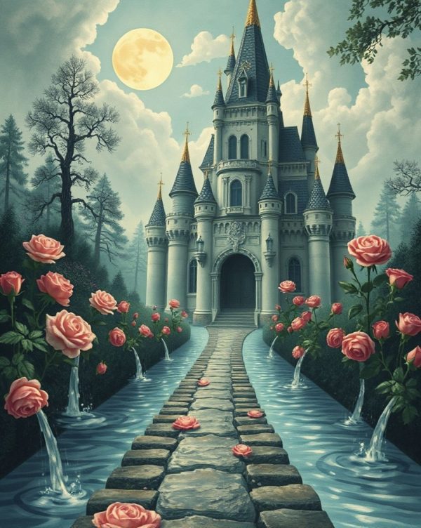 alt="fairy tale castle with pink roses"