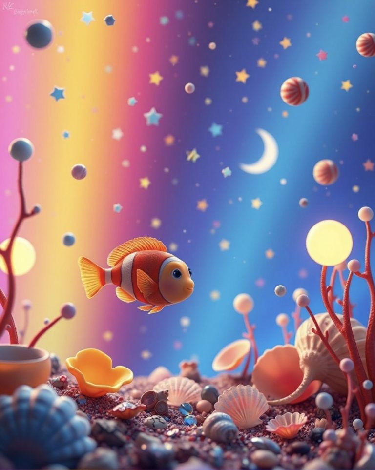 alt="finding nemo clownfish in a pastel rainbow water, with shells sun and moon"