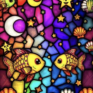 alt="stained glass window in shades of purple with fish and shells"