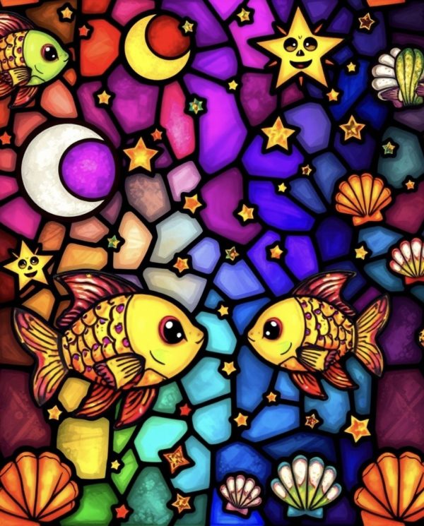 alt="stained glass window in shades of purple with fish and shells"