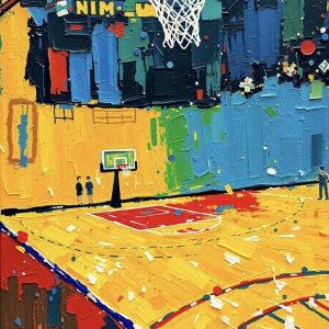 alt="basketball court painting in oil paint"