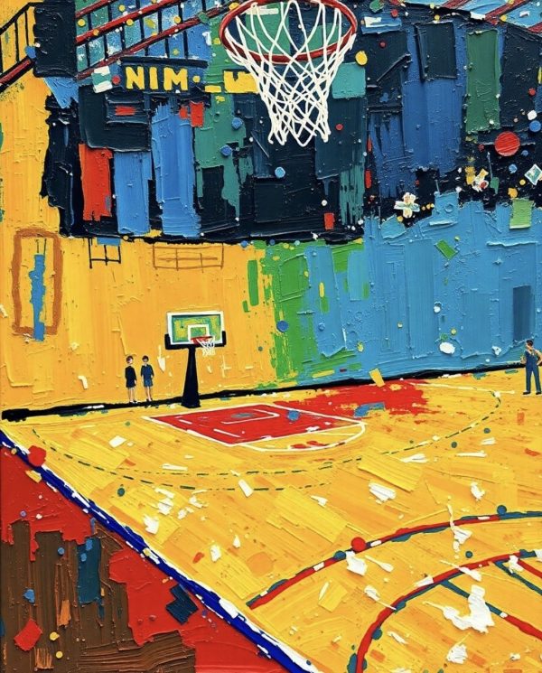 alt="basketball court painting in oil paint"