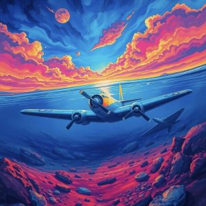 alt="pink sunset plane under the sea"