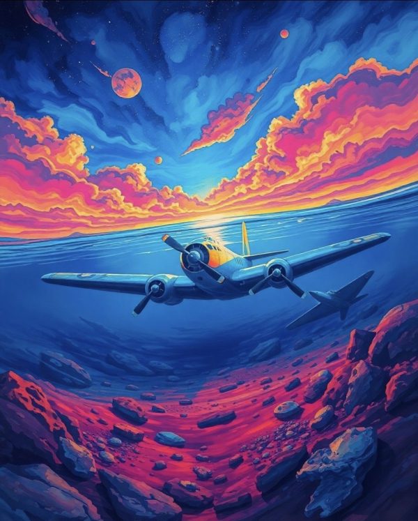 alt="pink sunset plane under the sea"