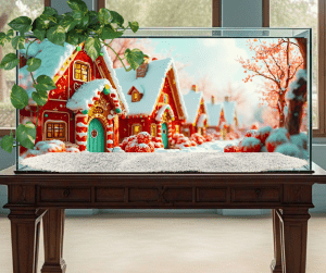 cute little houses in the snow fish tank background and décor includes a pothos plant on the top and white sand