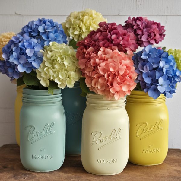 alt="hydrangeas in mason jars"