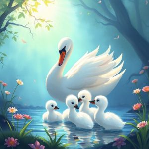 alt="the ugly duckling fairy tale image of a swan and 5 babies"