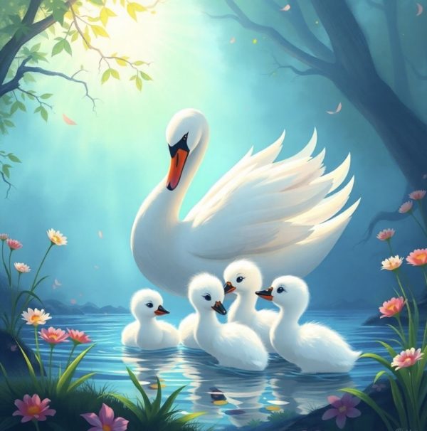 alt="the ugly duckling fairy tale image of a swan and 5 babies"