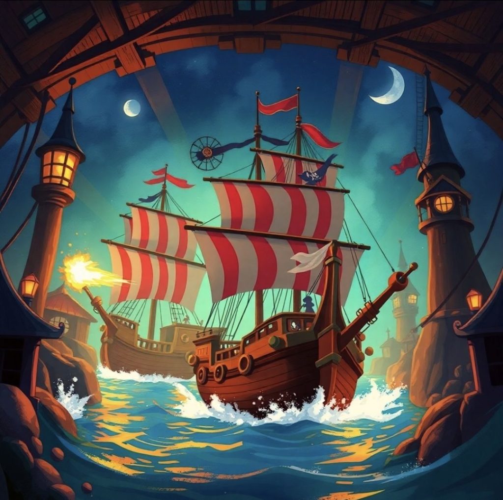 alt="captain Hooks ship from Peter Pan Fairy Tale"