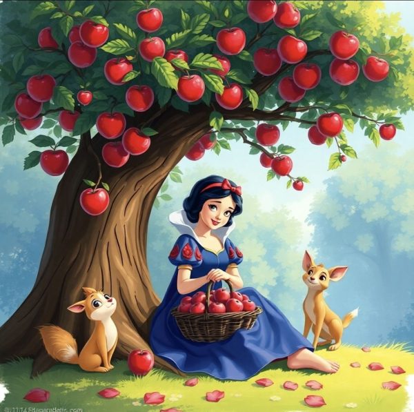 alt="snow white under and apple tree"