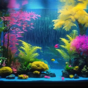 alt="pink and yellow and blue, natural fish tank landscape background"