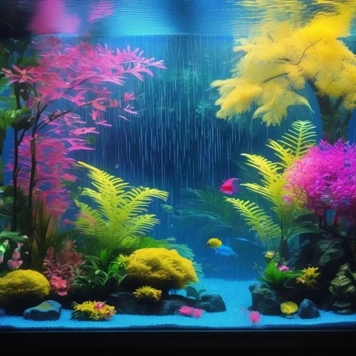 alt="pink and yellow and blue, natural fish tank landscape background"