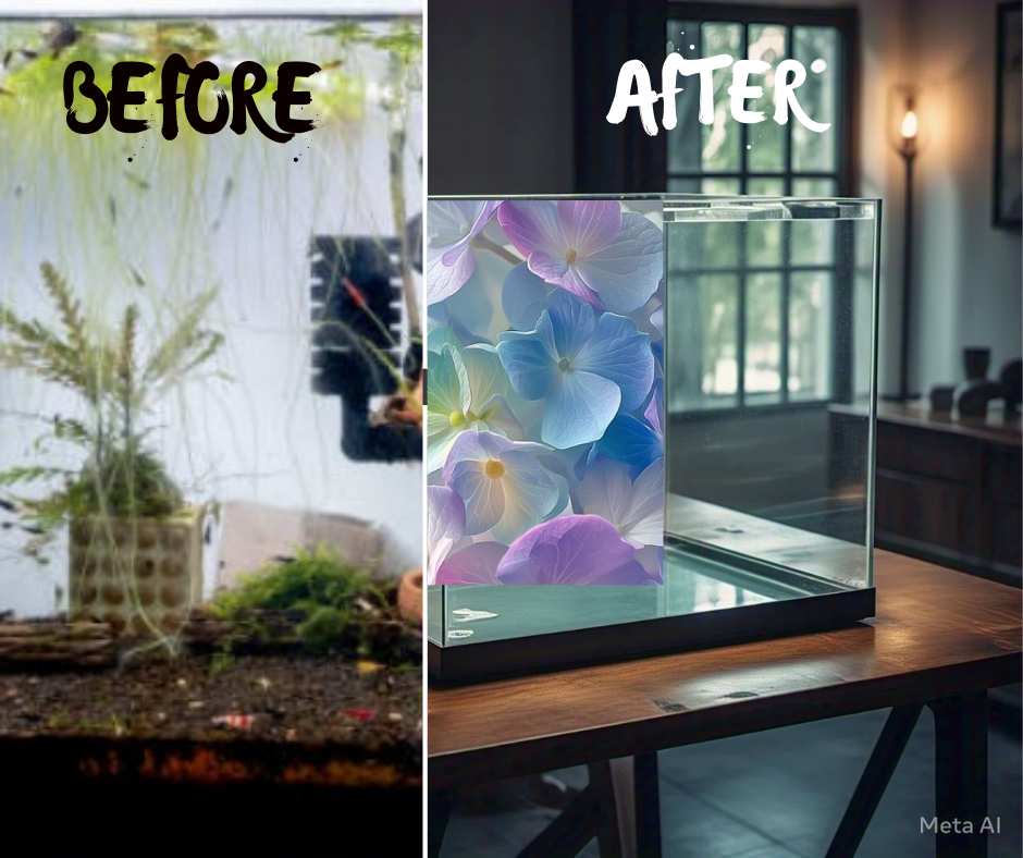 alt="image showing a fish tank with no background and the wall showing through the other shows a cool aquarium background"