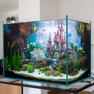 alt="fish tank with fairy castle background"