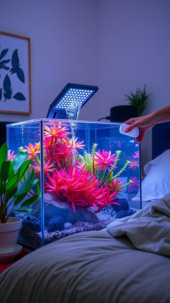 A person cleaning an aquarium with vibrant live plants in a modern bedroom setting.