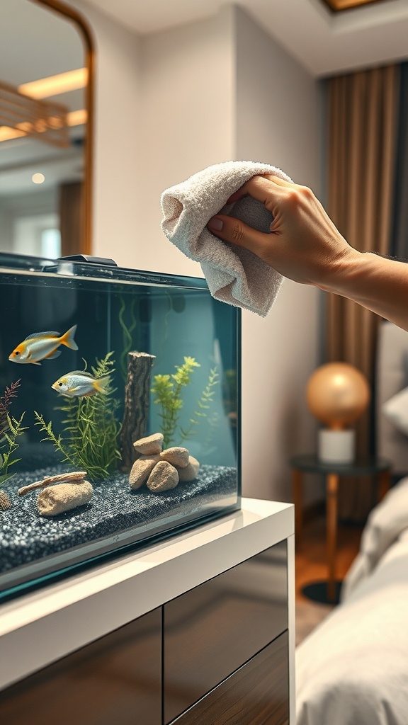 A person cleaning the glass of an aquarium with a microfiber cloth in a modern bedroom