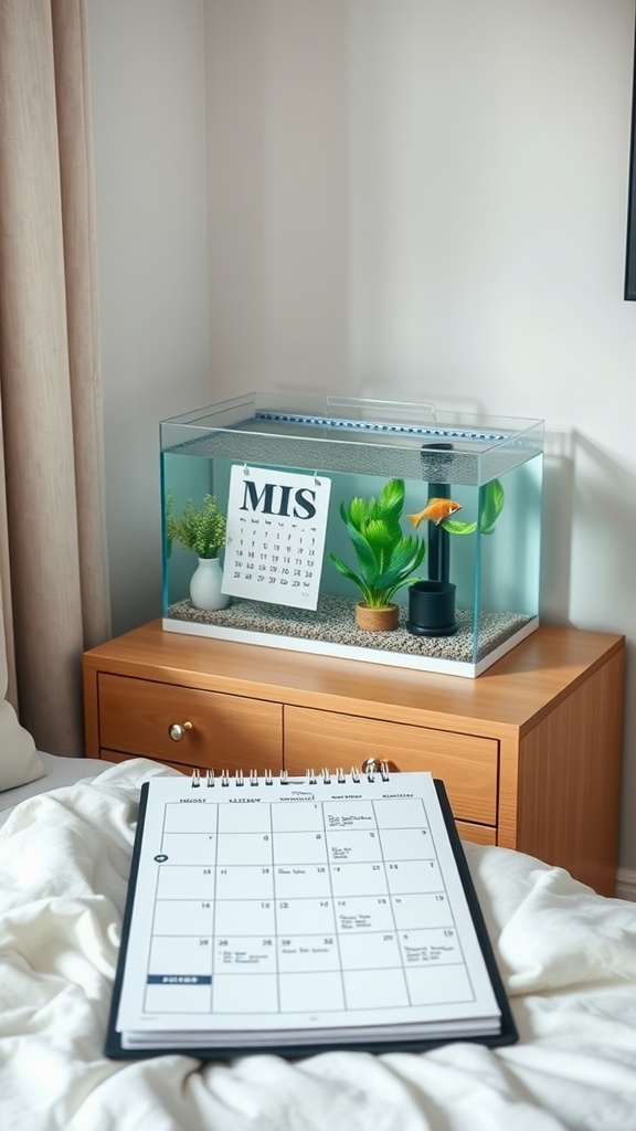 An aquarium in a modern bedroom with a calendar and cleaning schedule