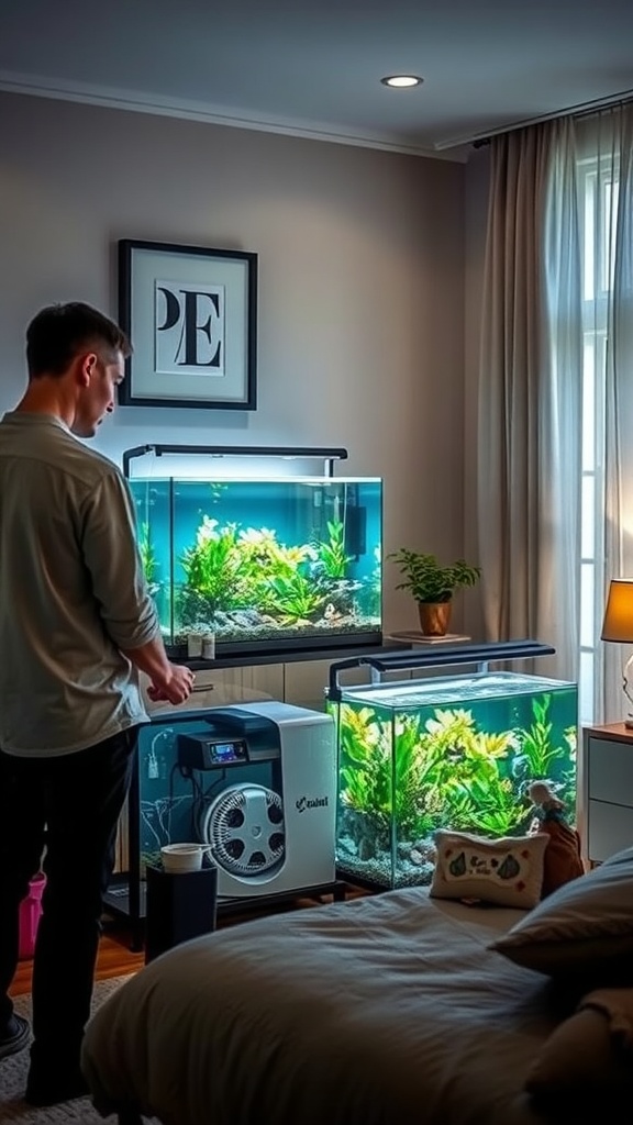 A person inspecting aquarium equipment in a modern bedroom setting.