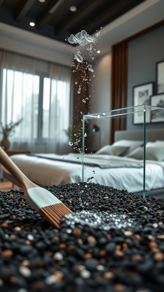 An aquarium cleaning scene in a modern bedroom with a brush and water bubbles.