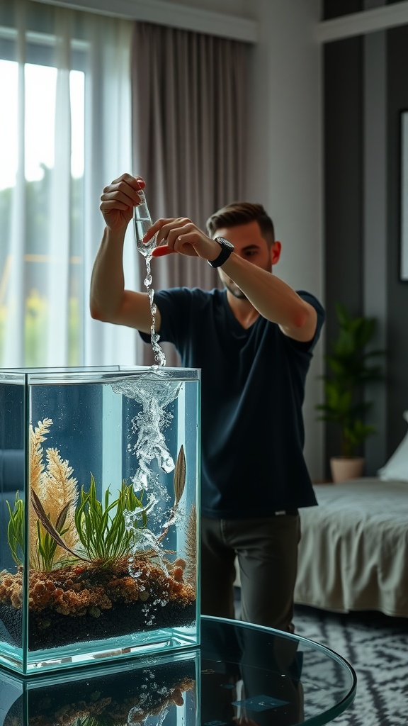 A person pouring water into an aquarium while maintaining a modern bedroom environment.