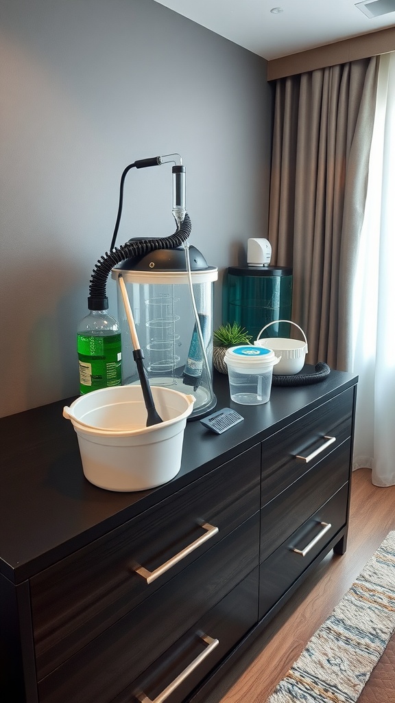 Aquarium cleaning supplies on a modern dresser