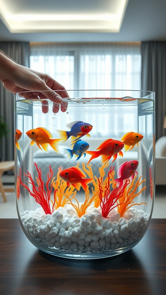 A hand gently placing colorful fish into a clean aquarium with vibrant decorations.