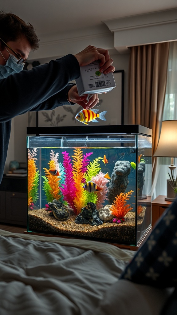 Person cleaning an aquarium with colorful decorations in a modern bedroom