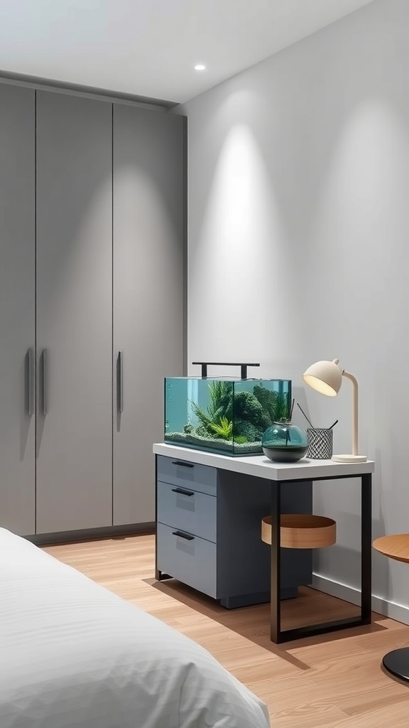 A modern bedroom with a compact aquarium on a desk