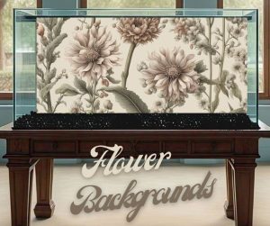 alt="black white and grey flowers on a white background, used as a background image on a fish tank"
