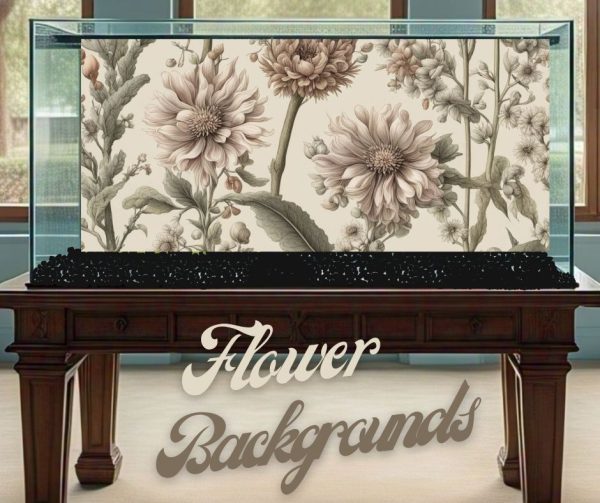 alt="black white and grey flowers on a white background, used as a background image on a fish tank"