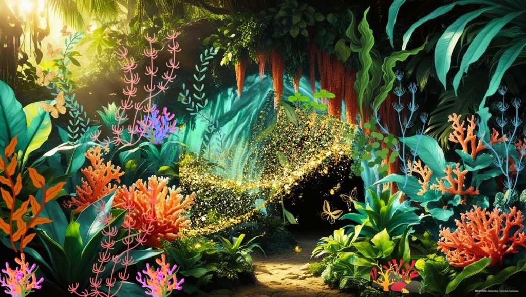 This is a flat image example of a static vinyl background image for fish tank alt="example of a static vinyl background fish tank cling, a coral forest with a glittering entrance to a cave"