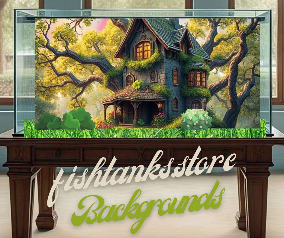 alt="tree house static vinyl fish tank background"