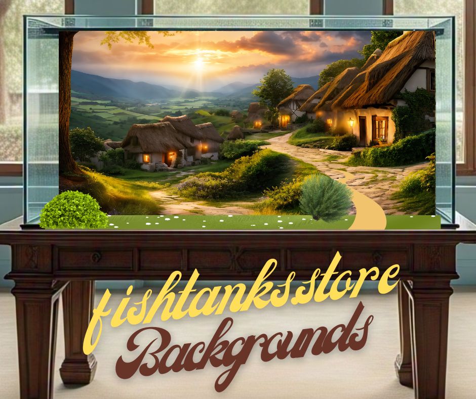 alt="country road fish tank background decal, with country houses, a path and a sunset"